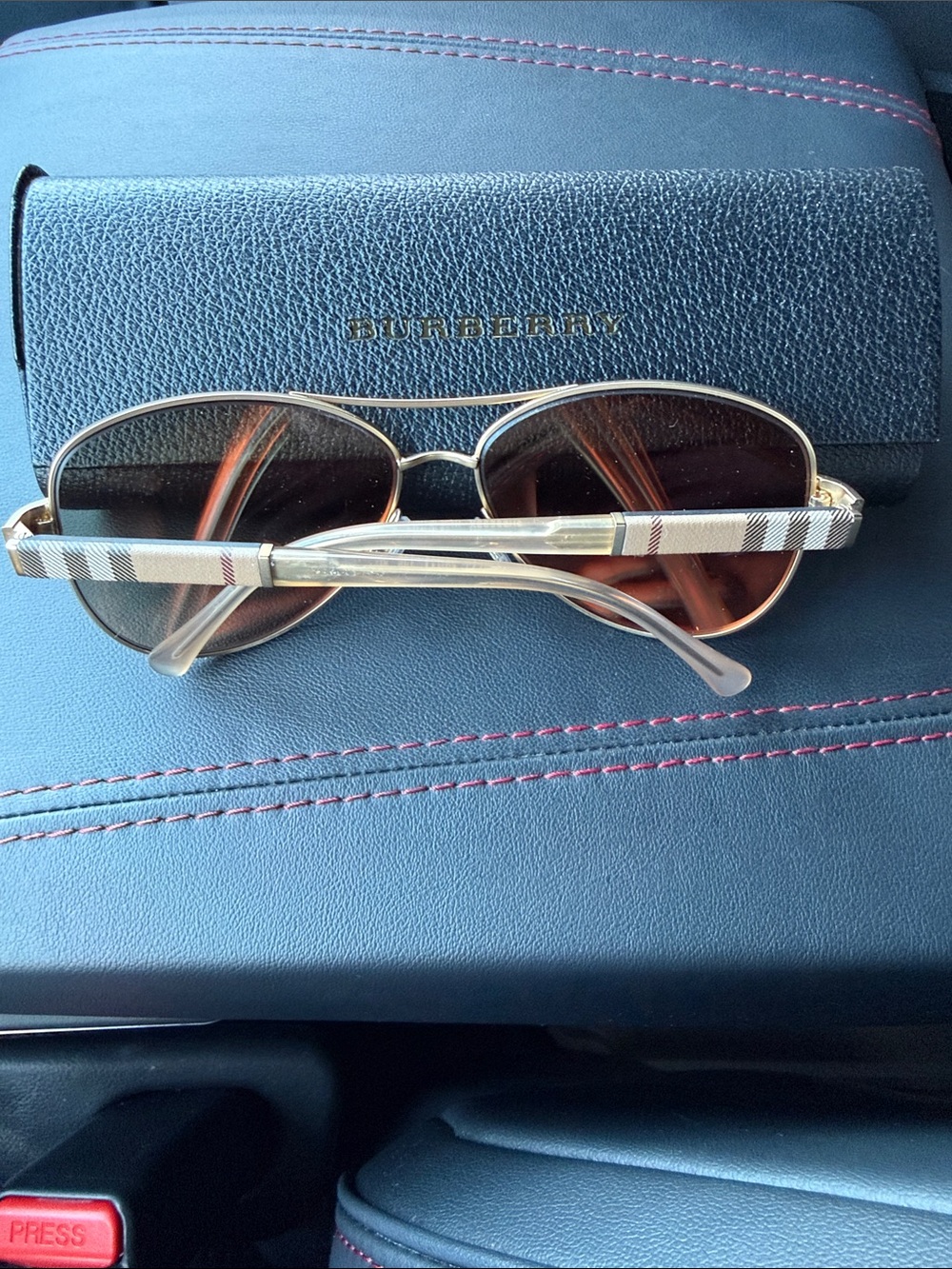 Burberry Beige Check Temple Aviator Sunglasses with Gold Accents